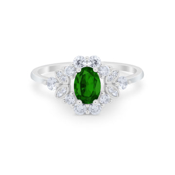 Oval Wedding Ring Vintage Art Deco Round Simulated Green Emerald CZ 925 Sterling Silver
